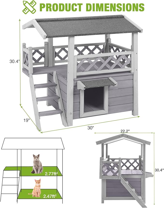 Cat House Outdoor Weatherproof – 100% Solid Fir with Waterproof Paint, Two-Level Design, All-Weather Protection & Elevated Base – Kitty Shelter for Feral Cats, Indoor/Outdoor Use