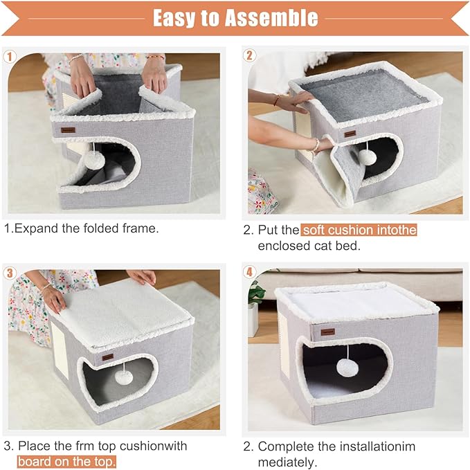 Cat Bed for Indoor Cats Cube House, Covered Cat Cave Beds & Furniture with Scratch Pad and Hideaway Tent, Cute Modern Cat Condo for Multi Small Pet Large Kitten Kitty, Navy