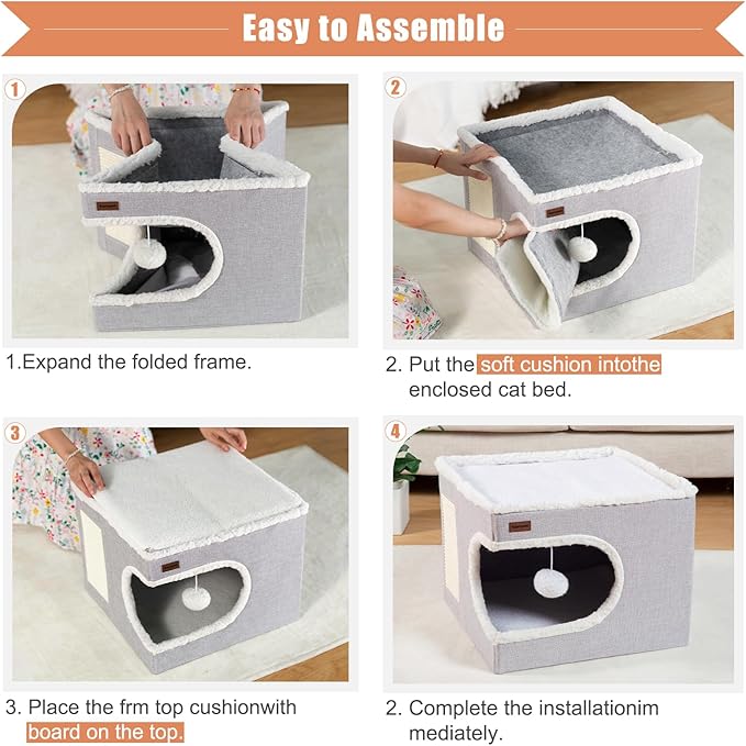 Cat Bed for Indoor Cats Cube House, Covered Cat Cave Beds & Furniture with Scratch Pad and Hideaway Tent, Cute Modern Cat Condo for Multi Small Pet Large Kitten Kitty, Large, Dark Grey