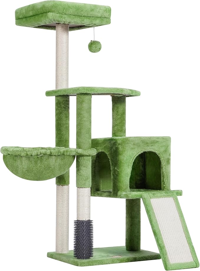 Heybly Cat Tree with Cat Self Groomer Brush, Cat Tower Condo for Indoor Cats with Padded Plush Perch, Cat House with Basket Scratching Board Post, Green HCT005SGR