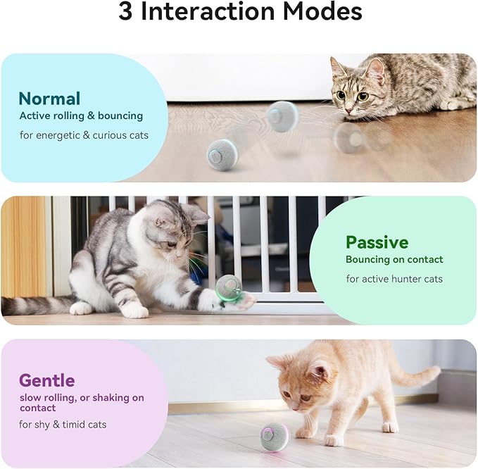 Cheerble Smart Interactive Cat Toy, Automatic Moving Bouncing Rolling Ball for Indoor Cat Kitten, Peppy Pet Ball with Lights and Bell, Grey