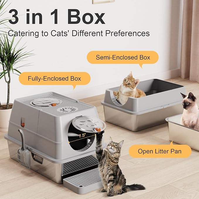 Stainless Steel Cat Litter Box with Lid, XL Extra Large Kitty Litter Box, Enclosed Top Entry Metal Litterbox for Big Cats, Easy Cleaning, Anti-Leakage & High Sided with Mat, Aisle & Scoop Light Grey