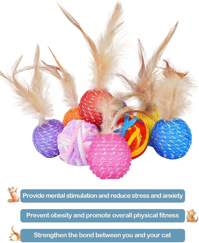 PET SHOW 10 Pack Cat Toys - Woolen Yarn Cat Balls, Interactive Mesh Feather Ball, String Toy for Indoor Cats, Chase Training Activity for Kittens