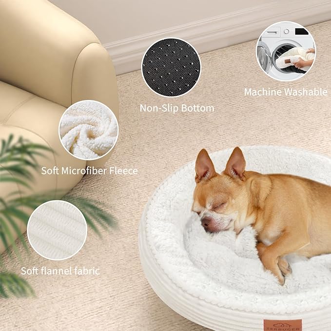 30in Round Dog Bed Sofa for Small/Medium/Large Dogs, Machine Washable Supportive Foam Pet Couch with Washable Removable Mat and Non-Slip Bottom, Pet Cuddler for Indoor/Outdoor/Car/Cage, Cream