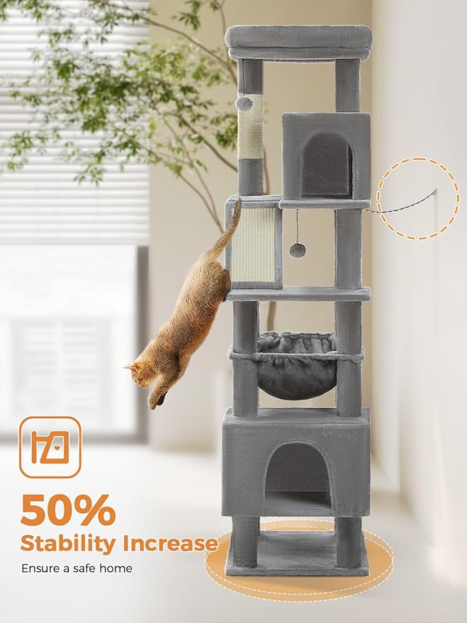 71 Inch Tall Cat Tree for Indoor Cats Large Adult, Multi-Level Cat Tower with Extra Large Hammock, 2 Cat Caves, Spacious Top Perch, Scratching Pad, Light Grey