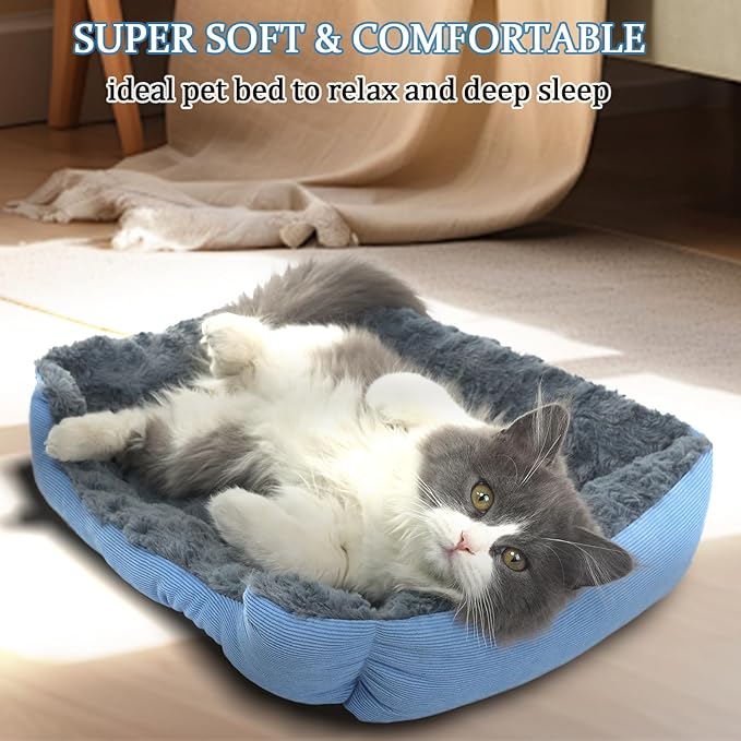 Doggie Beds for Small Dogs Washable Rectangle Kitten Beds for Indoor Kittens 18"X14",Small Size Kitty Calming Sofa Extra Cozy Anxiety Pet Sherpa Cat Bed Anti Slip Plush Couch for Puppy,Blue