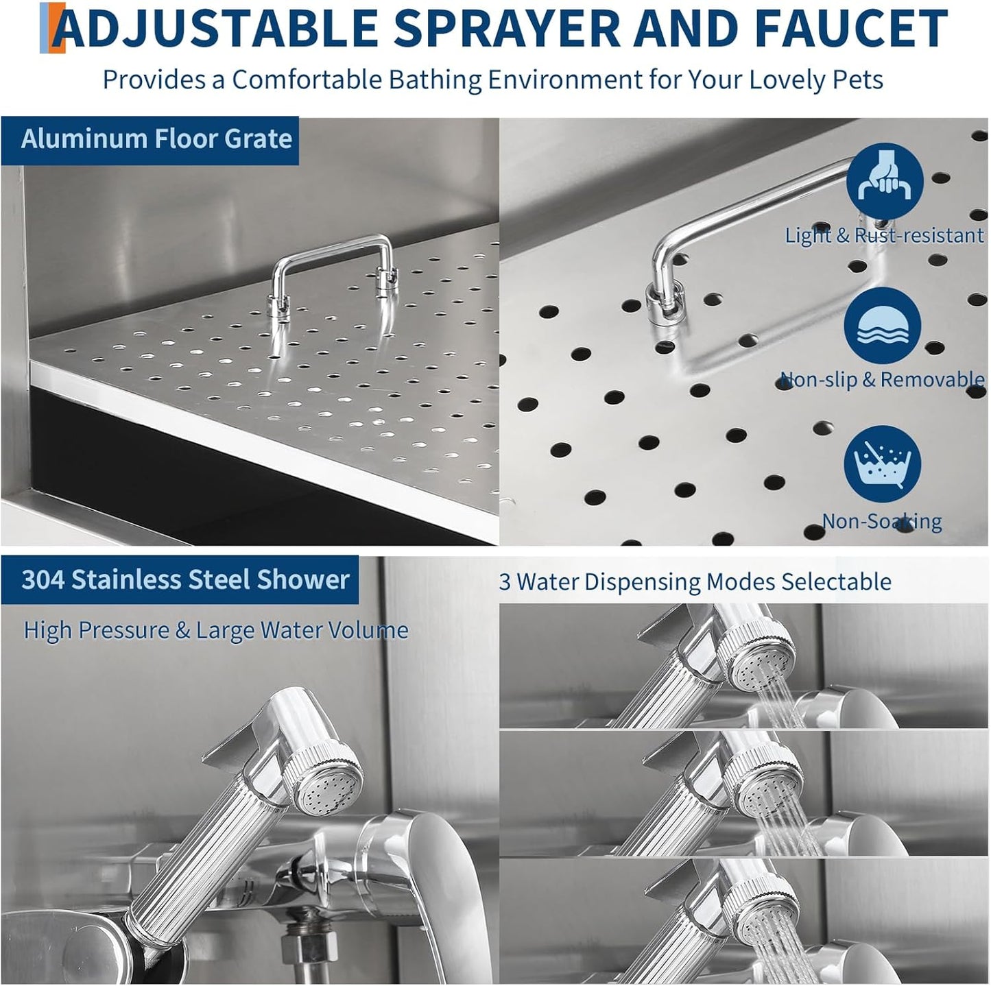 Stainless Steel Dog Washing Station - Dog Bath Tub for Large, Medium, Small Dogs, Pet Grooming Tub with Ramp, Non-Slip Grate, Shower, Soap Box, Faucet, Drain for Home & Outdoor （Left RAMP, 50"）