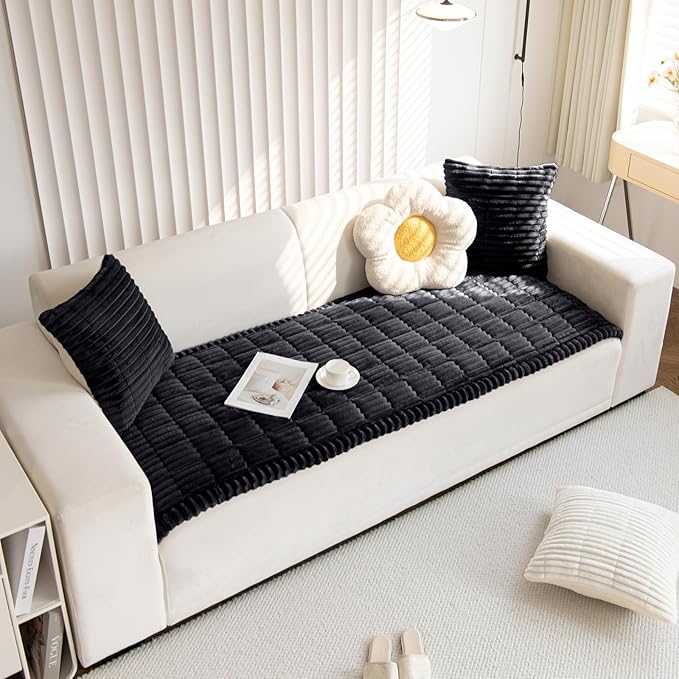 Faux Fur Plush Dog Couch Cover 3D Stripe Fuzzy Sofa Cover Non-Slip Fluffy Dog Bed Cover Pet Blanket Sofa Couch Furniture Protector for Puppy Large Dog Cat (Black,35"x94")