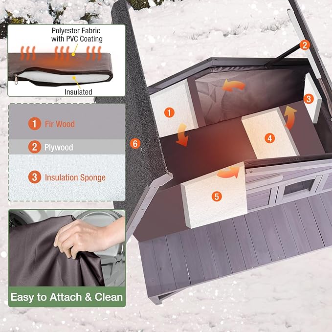 Outdoor Cat House with Insulated Liner and Elevated Design, Weatherproof Feral Cat Shelter with Escape Doors for Winter, Wooden Kitten Home Indoor