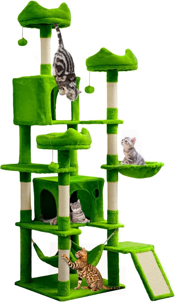 YITAHOME Tall Cat Tree for Indoor Cats, 75 inch Multi-Level Cat Tower with Cat Condos, Top Perches, Sisal Ramp Scratching Posts, Cozy Basket, Hammocks, Large Cat Pet Activity Structure,Green