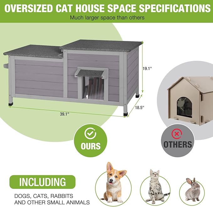 GUTINNEEN Large Outdoor Cat House Insulated, Weatherproof Cat Shelter with Detachable Insulation Liner, Wooden Elevated Kitty Condo for Stray Cats, 39.1" L x 18.5" W x 19.1" H (Grey)