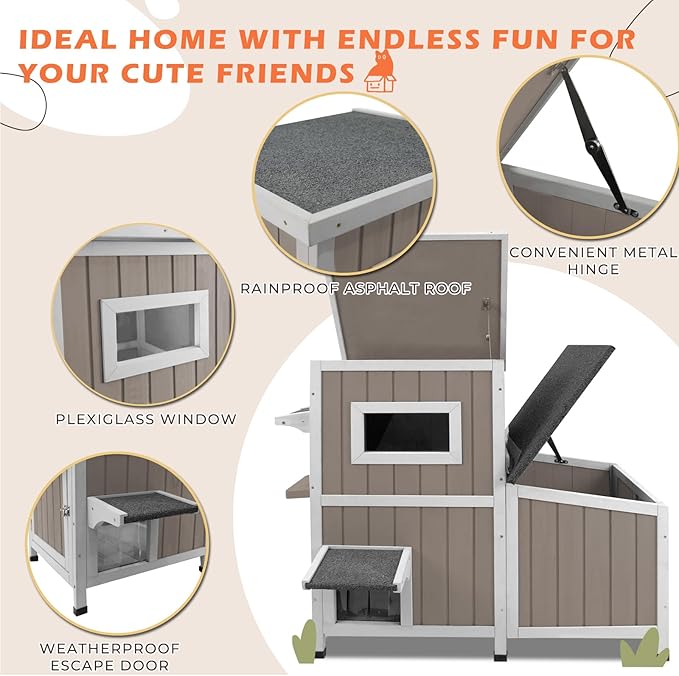 36.1" L Outdoor Cat House,2 Story Wooden Outdoor Cat Shelter with 3 Escape Doors,Weatherproof Fir Wood Feral Cat House with 2 Big Rest Room & Openable Asphalt Roof for 2-3 Cats