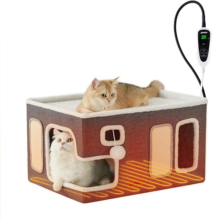 Heated Cat House for Indoor Cats - Large Cat Warming Bed for Winter with Fluffy Ball Hanging and Adjustable Heating Pad, Foldable Cat Hideaway,23x16.5x13 inches, Grey
