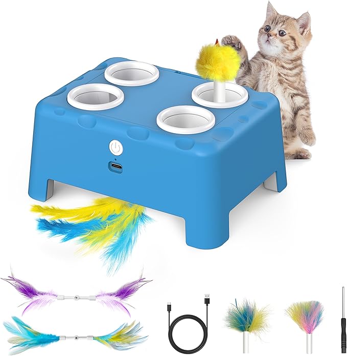 Cat Toys, Interactive Cat Toys, 2-in-1 Moving Concealed Feathers, 4 Holes Mice Whack A Mole Cat Kitten Toy Exercise Toys for Indoor Bored Adult Cats, USB Rechargeable Electronic Kitten Toys (Blue)