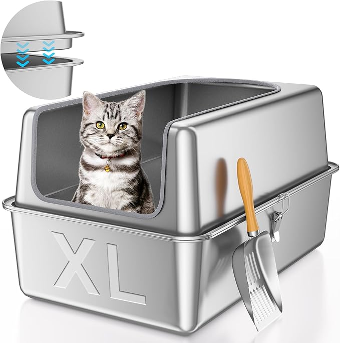 12'' High Sides XL All Stainless Steel Cat Litter Box with Lid,Deep Metal Litter Box for Big Cats,Extra Large Litter Boxes with High Wall Enclosure,Anti-Leakage,Never Absorbs Odors,Non-Sticky Surface