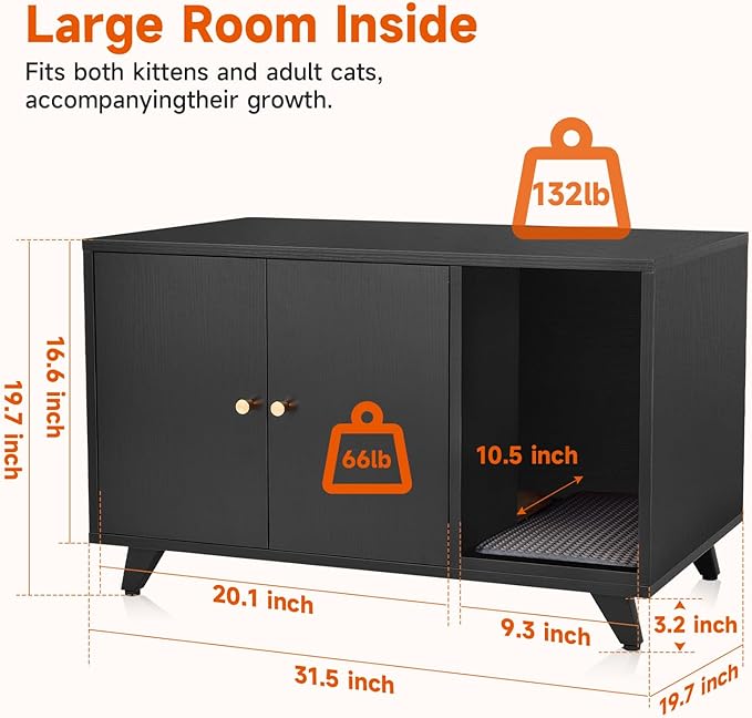 Cat Litter Box Enclosure, Hidden Litter Box Furniture Washroom Storage Cabinet, Modern Cat House with Scratche Pad (Black)