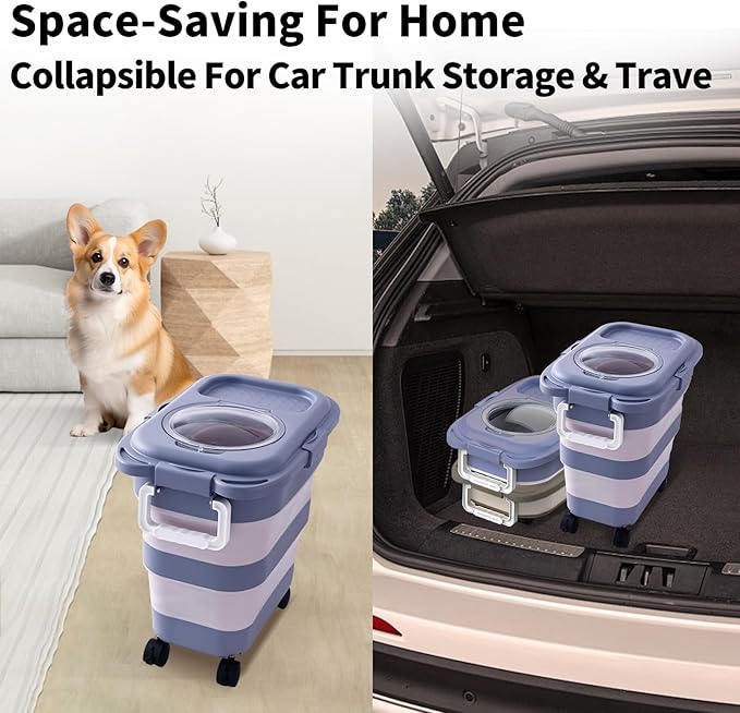 25 Lbs Dog Food Storage Container 2PCS, Collapsible Dog Food Container with Scoop for Pet/Dog/Cat/Bird Food,Keep Dry Food Fresh,Easy to Move(Blue & Khaki)