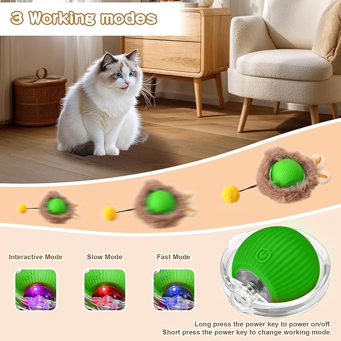 Rocfish Interactive Cat Toys Ball - Automatic Fast Rolling Ball in Play Mat, Hide and Seek Mouse Catching Game, Low-Noise Cat Enrichment Toys in Pouch for Indoor Bored Cats (Green Toy & Square Mat)
