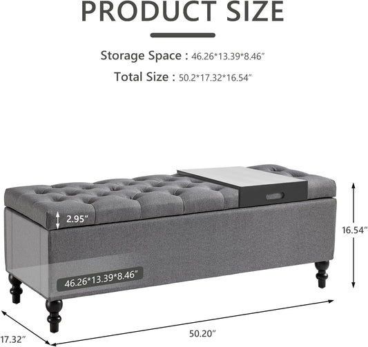 Ottoman with Storage,50.2-inch Upholstered End of Bed Storage Bench for Bedroom,for The Living Room,for Entryway, with Tray & Button and Safety Hinges,Detachable (Grey)