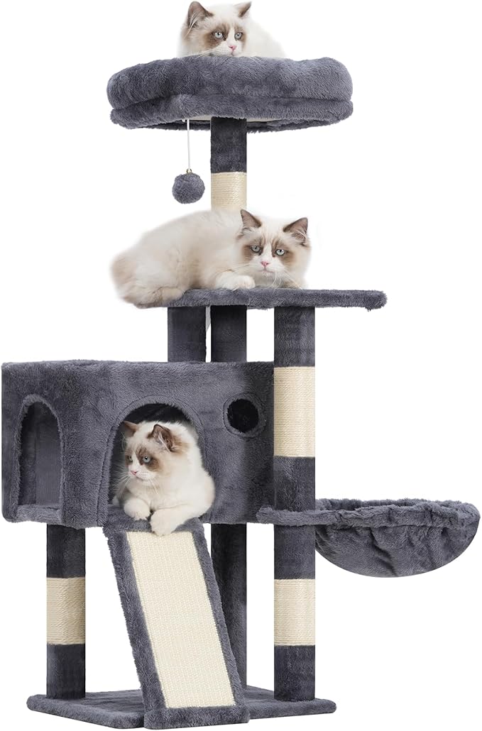 Cat Tree, 41.3" Cat Tower for Indoor Kittens with Scratching Board and Posts, Multi-Level Cozy Cat Condo with 2 Perches, Hammock, Balls, Smoky Gray GCT005SG