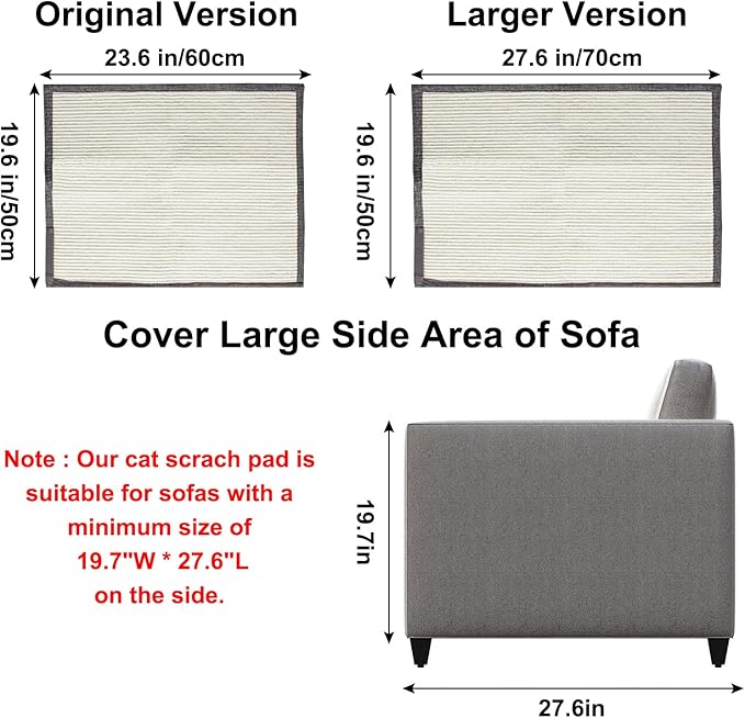 Large Size Cat Scratch Sofa Protector,27.5inch*19.6inch Sisal Couch Protector from Cats/Dogs Scratching for Big Arm Sofa use (Dark Grey/Left Handed)