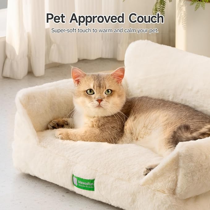 MEWOOFUN Cat Bed for Indoor Cats, Fluffy Cat Sofa with Removable Washable Cover, Cute Cat Couch with Non-Slip Bottom (White, 22x15x10)