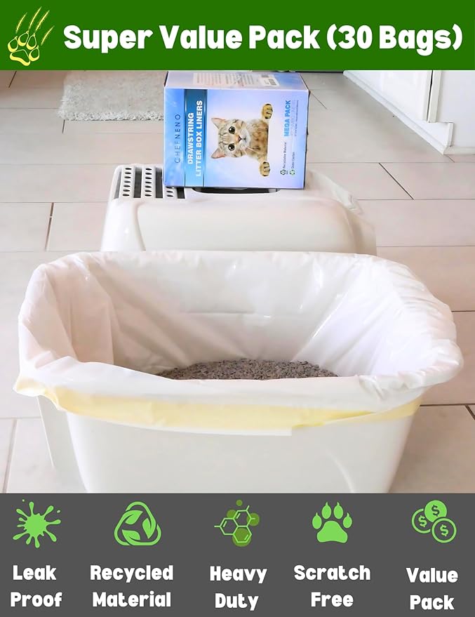 Cat Litter Box Liners Drawstring XL (30 Bags) 39" x 17" Super Jumbo Scratch Resistant Extra Heavy 2 Mil Disposable Litter Box Liner Cat Litter Tray Bags (30 Count)