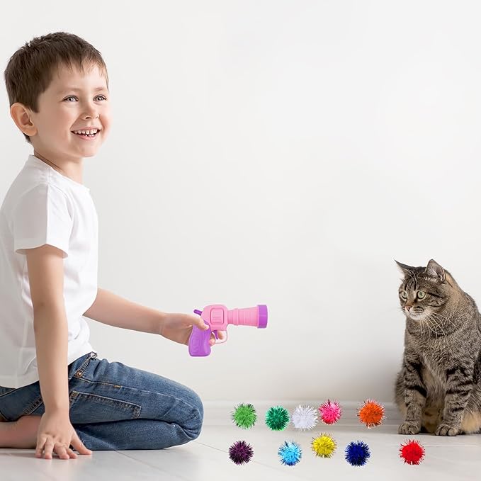 102Pcs Cat Toy Gun Launcher - 100 Sparkle Pom Pom Balls and 2 Ball Launchers, Interactive Fetch Toy Shooter for Indoor Cats and Kitty