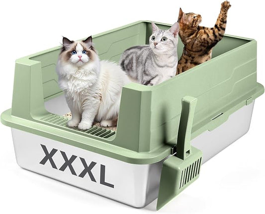 Stainless Steel Litter Box, XXXL 27.6" H x 19.7" W x 11.8" H Extra Large Metal High Sided Cat Litter Box with Scoop, Leak-Proof, Easy Clean for Big Cats/Multiple Cats (Green)