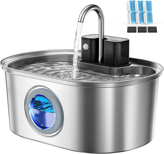 Cat Water Fountain Stainless Steel 108oz/3.2L:Battery Operated Wireless Cat Fountains for Drinking Indoor, Automatic Pet Water Dispenser with Ultra Quiet Pump,Multi-Filtration,Easy Clean BPA-Free