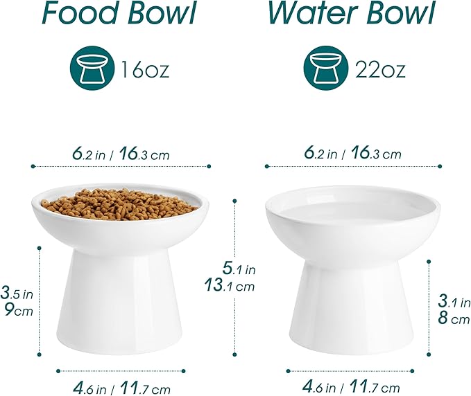 vancasso Elevated Cat Bowls 2-Pack, Ceramic Raised Cat Food and Water Dishes with 5.1" Height & 6.2" Wide Opening - Anti Vomit, Whisker Fatigue Relief for Senior Cats, Kittens and Small Dogs (White)