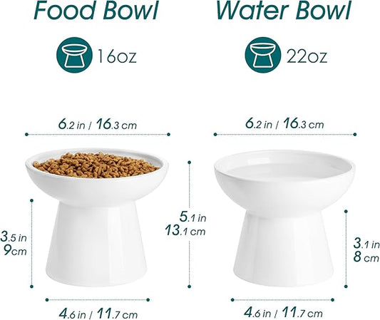 vancasso Elevated Cat Bowls 2-Pack, Ceramic Raised Cat Food and Water Dishes with 5.1" Height & 6.2" Wide Opening - Anti Vomit, Whisker Fatigue Relief for Senior Cats, Kittens and Small Dogs (White)