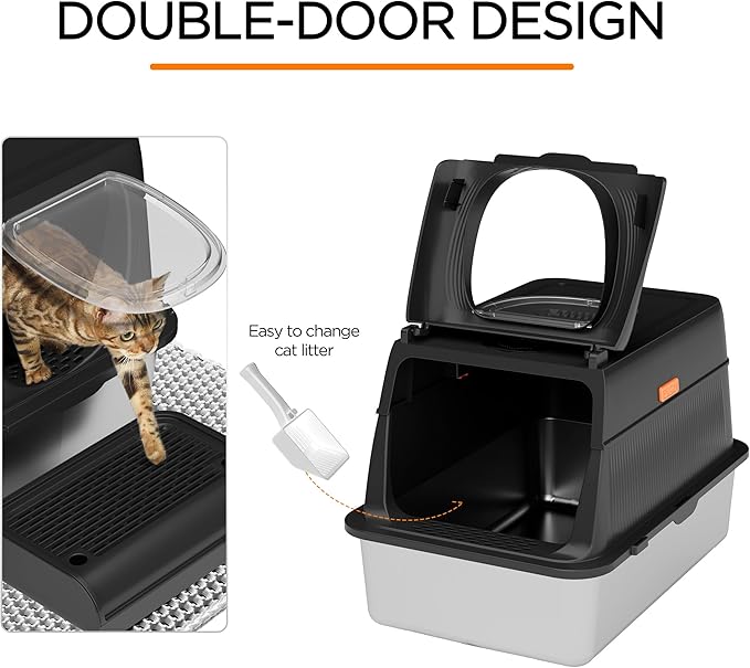 Citylife Stainless Steel Cat Litter Box with Lid，XL Extra Large Enclosed Removable Metal Litter Box with Litter Scoop&Double Layer Litter Mat,Non-Sticky，Non-Odor,Easy Cleaning, for Big Cats，Black