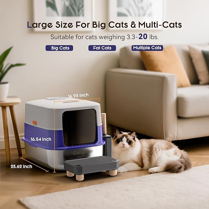 Odor Control XL Stainless Steel Litter Box，3-in-1 Enclosed High Side Cat Litter Box with High Lid for Cats，Non-Sticky，Anti-Leakage，Easy Clean，with Scoop & Filter Pedal（Gray-Blue）