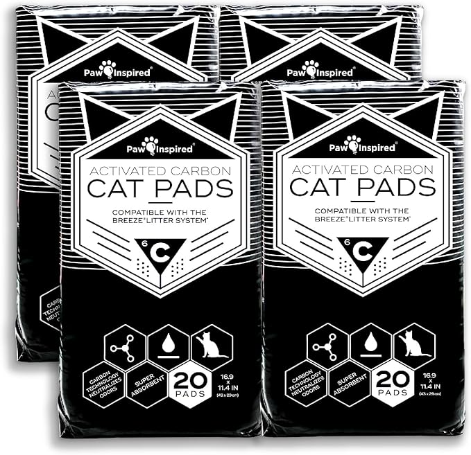 Paw Inspired Cat Pads, Generic Refills for Tidy Cats Breeze Litter Box System, Disposable Kitty Litter Liners for Easy Cleaning, Super Absorbent Pee Pads, 16.9 x 11.4 Inch (Carbon, 80 Count)