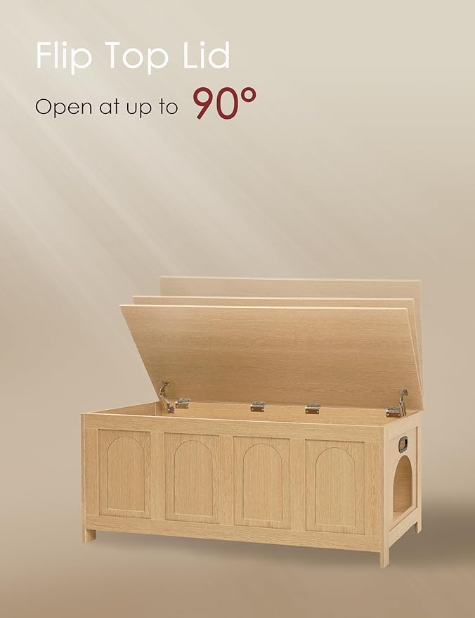 DINZI LVJ Cat Litter Box Enclosure, Flip Top Litter Box Furniture, Hidden Cat Washroom, 2-Entrances Wooden Pet House, 47.2" L x 18.7" W x 19.7" H, End Side Table, TV Stand, Easy to Assemble, Natural