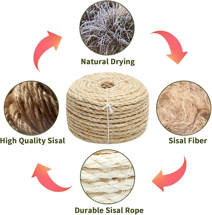Cat Natural Sisal Rope 1/4 Inch 6mm 164-Feet for Cat Scratching Post Tree Tower Replacement Repair and Replace, DIY Hemp Twine Rope for Cat Scratching Furniture Window Perch and Crafts Gardening
