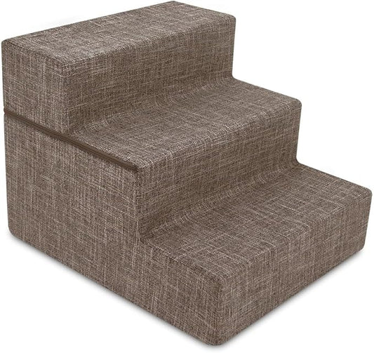 Best Pet Supplies Dog Stairs & Steps - Foam Steps for Small Dogs & Cats, Non-Slip Indoor Balanced Pet Step Support, Dog Ramp, No Assembly, Brown Linen, Foldable 3-Step (16.5-inch Height)