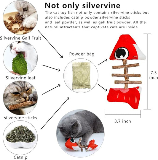 Catnip Toys Fish, Cat Chew Toy, Silvervine Sticks for Indoor Cats, Interactive Cat Kicker Nip Toys,Kitty Teeth Cleaning, Kitten Exercise (3 silvervine Fish)