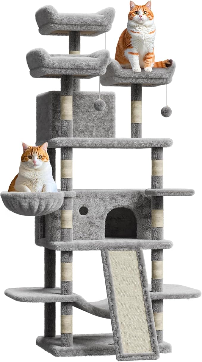 68.5 Inch Multi-Level Cat Tree, Plush Cat Tower with Condo/Sisal Scratching Posts/Hammocks/Basket/Dangling Ball/Platform, Heavy Duty Cats Tree to Play and Sleep, 2601#Light Grey