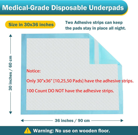 Bed Pads with Adhesive Strip 30"x36" Thicken Elderly Adults Incontinence Underpads Disposable,Heavy Duty Absorbent Chucks Waterproof,XL Extra Large Puppy Pee Training Pad[10 Pads]