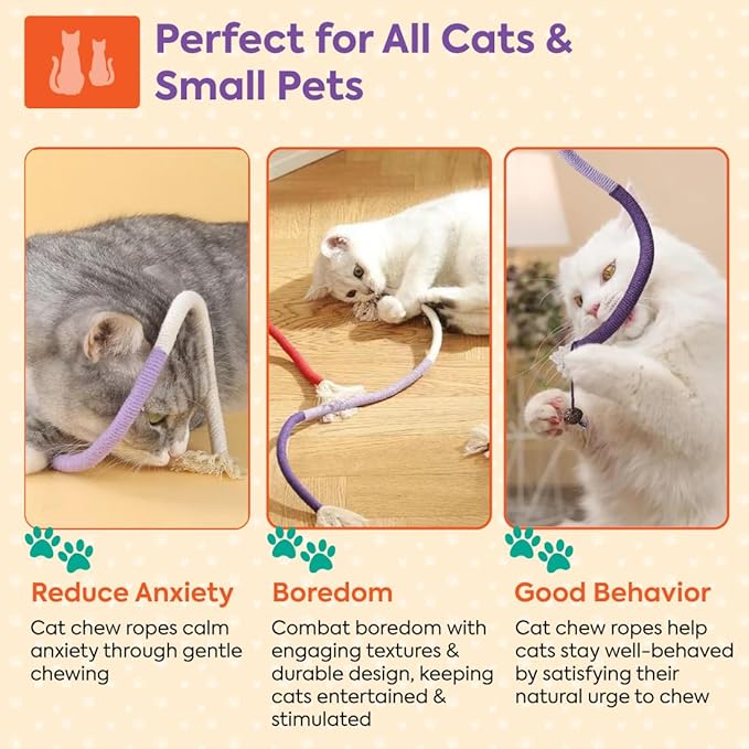 Cat Toys Chew Ropes 3Pcs with Refillable Natural Catnip, Safe Teeth Cleaning Toy for Indoor Kittens Interactive Cat Nip Kitty Toys for All Breeds 27.5 Inches