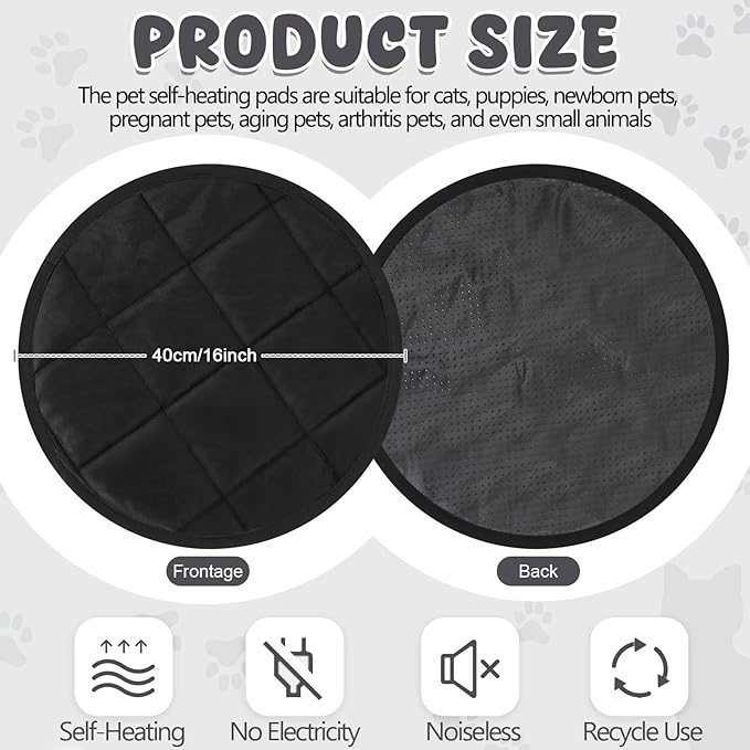 2 Pcs Cat Heating Pad Round 16 Inch Self Heating Cat Mat Washable Heated Bed Anti Slip Warming Pad Pet Bed Mat for Kennel Dog Crate Indoor Outdoor(Black,16 Inch)