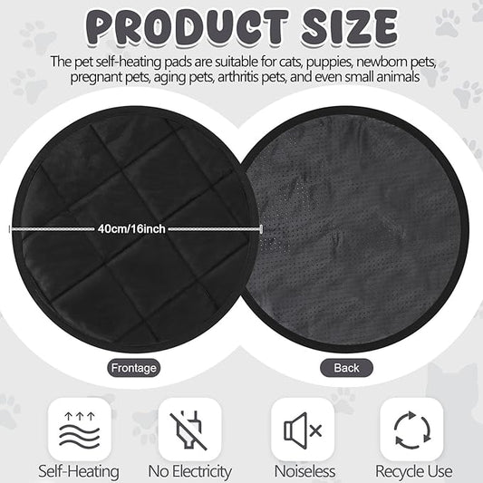 2 Pcs Cat Heating Pad Round 16 Inch Self Heating Cat Mat Washable Heated Bed Anti Slip Warming Pad Pet Bed Mat for Kennel Dog Crate Indoor Outdoor(Black,16 Inch)