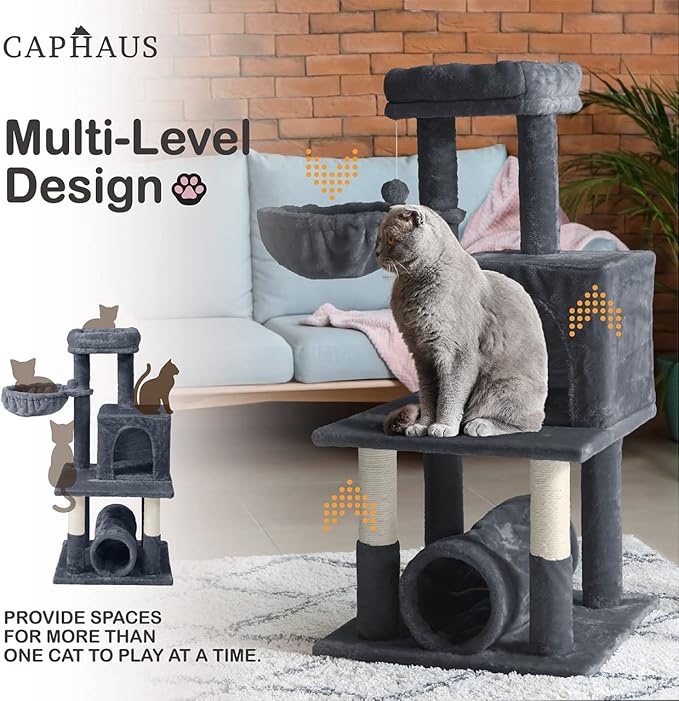 CAPHAUS Cat Tower for Indoor Cats, Modern Cute 40-Inch Small Cat Tree with Widened Perch for Large Cats Kittens, Multi-Level Cat Activity Tree with Scratching Posts, Tunnel, Basket, Cat Cave Condo