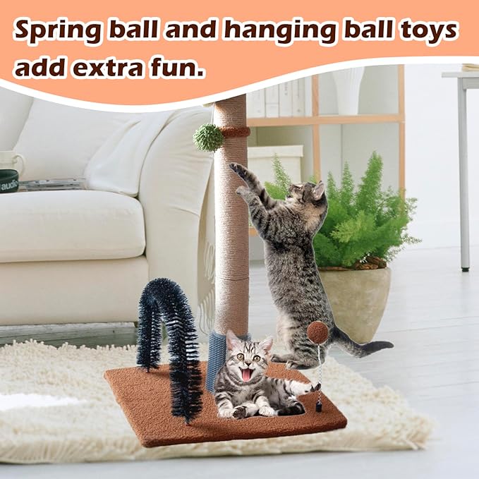 Cat Scratching Posts with Self Groomer,29.5 Inch Tall Cat Scratcher Post Sisal Heavy Duty Kitty Scratch Tree and Hanging Balls Cute Kitten Palm Tree with Arch Grooming Brush for Kitties