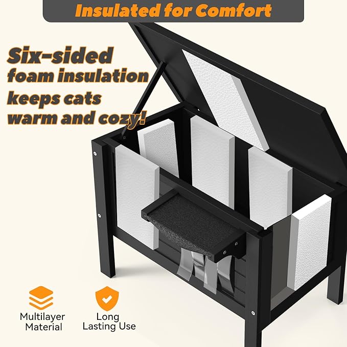 Weatherproof Outdoor Cat House, Feral Cat Shelter, 100% Insulated Foam, Solid Wood, Large Size for Multiple Cats, 24.8" L x 16.1" W x 18.9" H