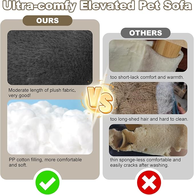 Elevated Cat Couch Bed for Indoor Cats - Wooden Pet Sofa with Removable Washable Thick Cover Raised Kitty Lounge Chair Suitable for Puppy or Small Animals(Cat Sofa Dark-Grey)