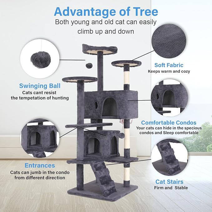 FDW Cat Tree 54in Cat Tower Multi-Level Durable Cat Scratching Post & Cozy Fun Cat Jumping Platform Space Saving Cat Condo Pet Play House for Indoor Cats,Ashy