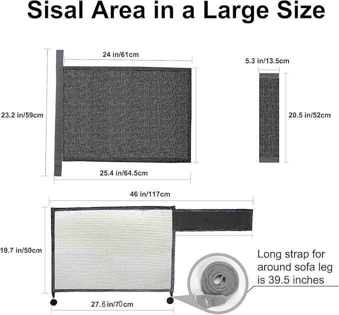 Upgraded Cat Scratch Furniture Couch Protector with 27.6’‘L*19.6’‘W Natural Sisal for Protecting Large Area Couch Sofa Chair(Dark Grey/Right Handed)